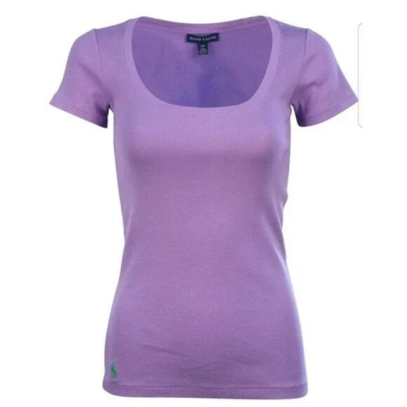 POLO Ralph Lauren Scoop Neck Fitted Tee Purple Cotton Jersey Casual Womens Small - Picture 7 of 7